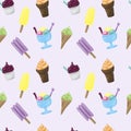 Colorful ice-cream seamless pattern. Light background. Summer food illustration. Sweet Frozen Desserts. Design for wrapping paper